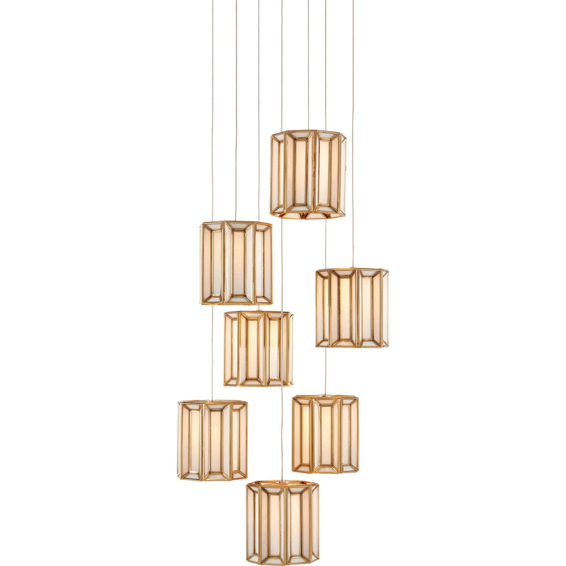 Daze 7-LIGHT Multi-Drop Pendant by Currey and Company in antique brass, white, painted silver. Made from frosted glass in a modern style.