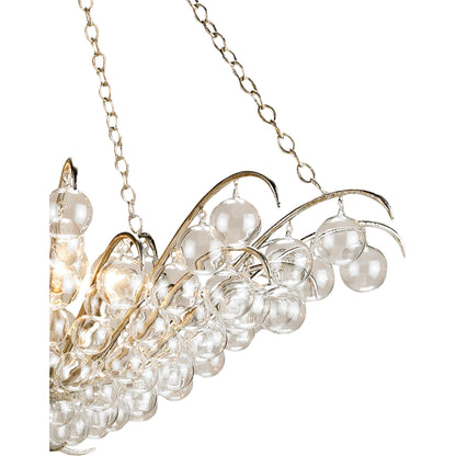 Quantum Chandelier by Currey and Company in contemporary silver leaf. Made from wrought iron, glass in a traditional style.