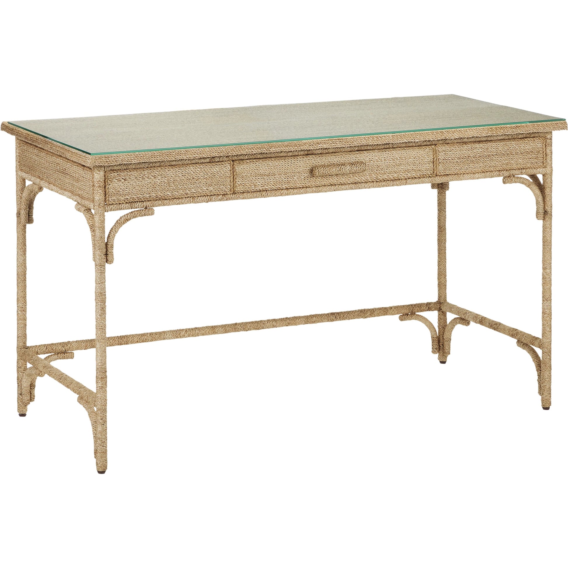 Olisa Rope Desk by Currey and Company in natural, brown carafe. Made from abaca rope, wood, wrought iron in a modern style.