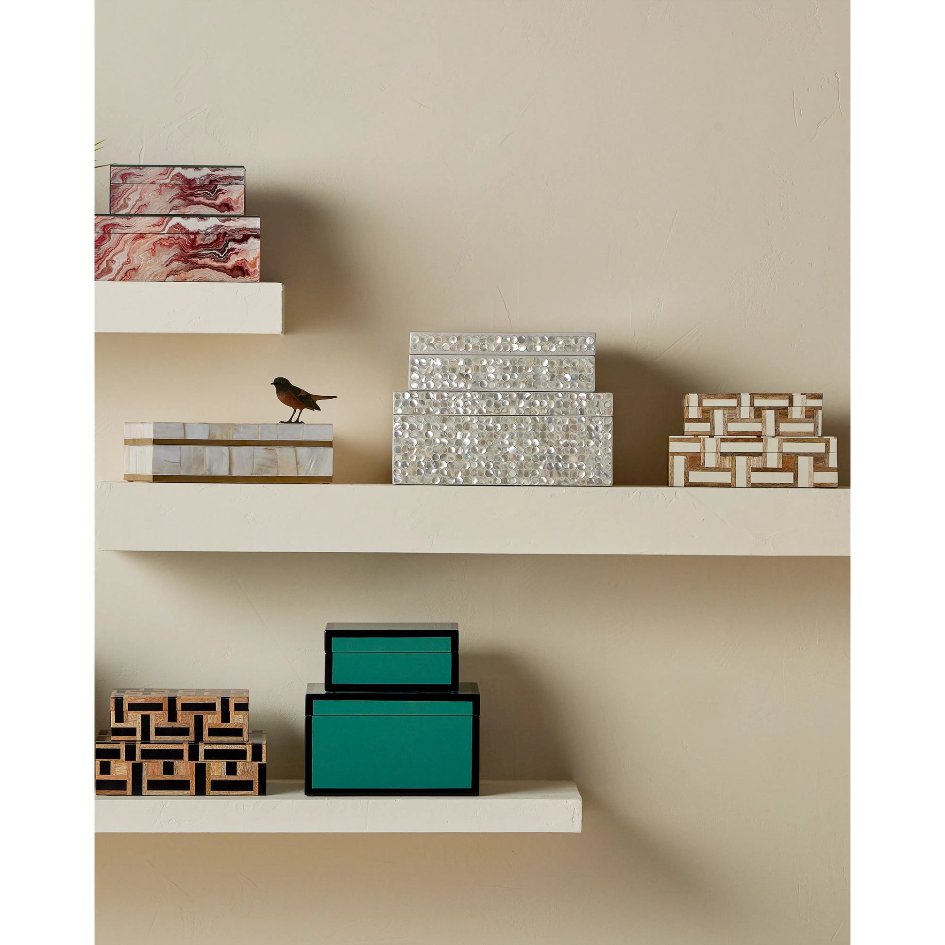 Aarna Box Set by Currey and Company. Made from composite, wood, engineered hardwood, linen in a modern style.