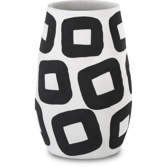 Pagliacci Vase by Currey and Company in white, black. Made from porcelain in a modern style.