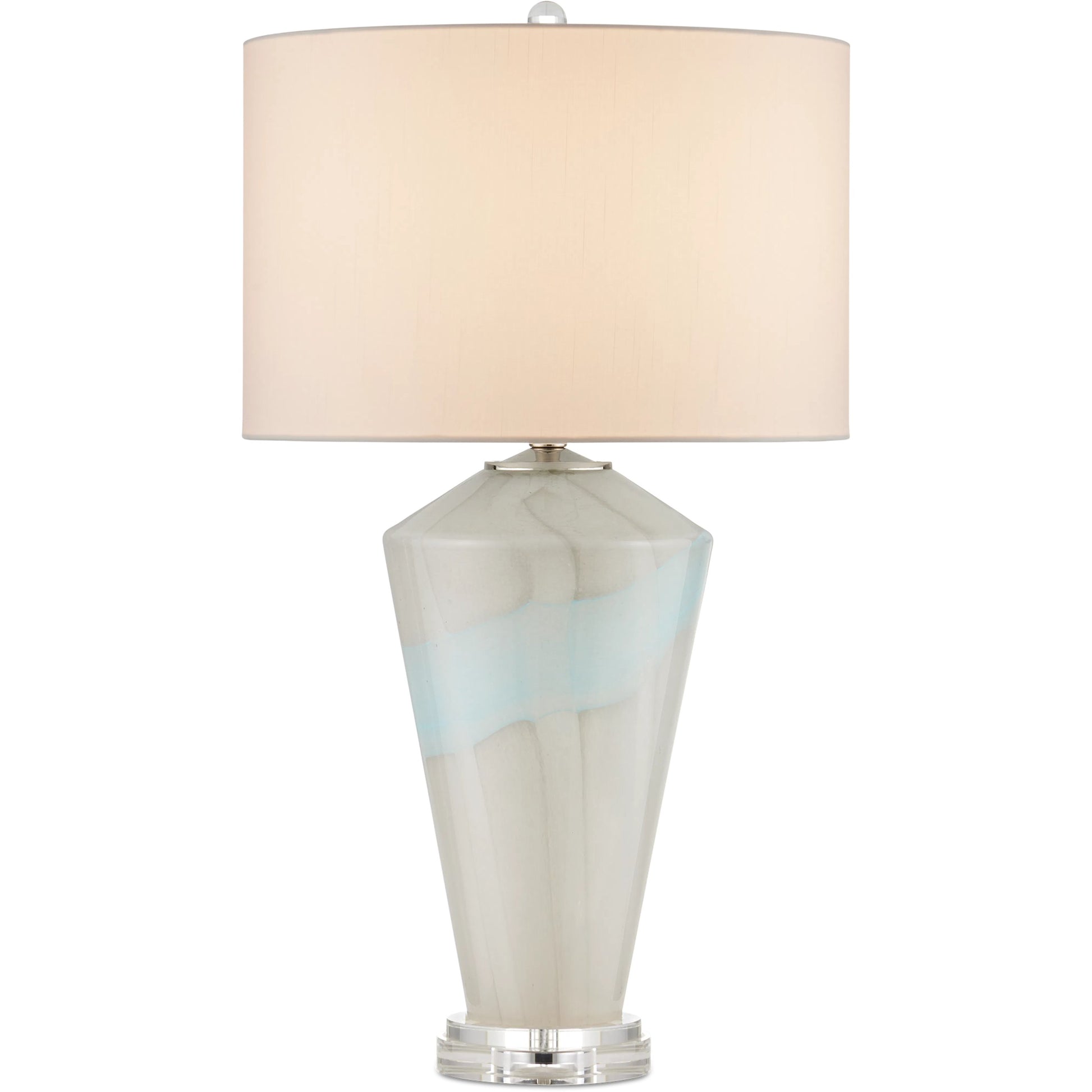 Floating Cloud Table Lamp by Currey and Company in pale gray, light blue, clear, polished nickel. Made from glass, optic crystal, metal in a modern style.