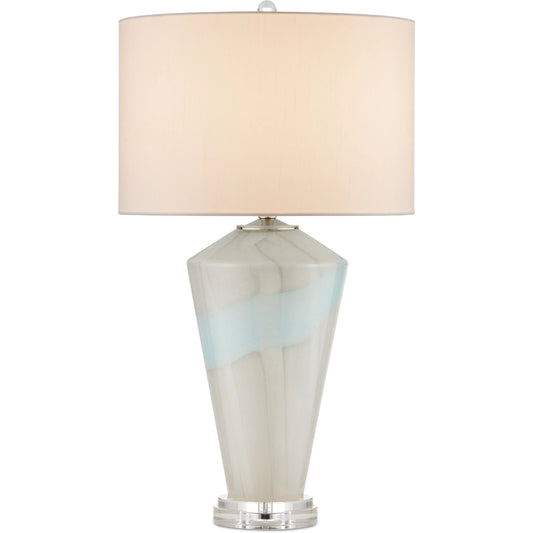 Floating Cloud Table Lamp by Currey and Company in pale gray, light blue, clear, polished nickel. Made from glass, optic crystal, metal in a modern style.