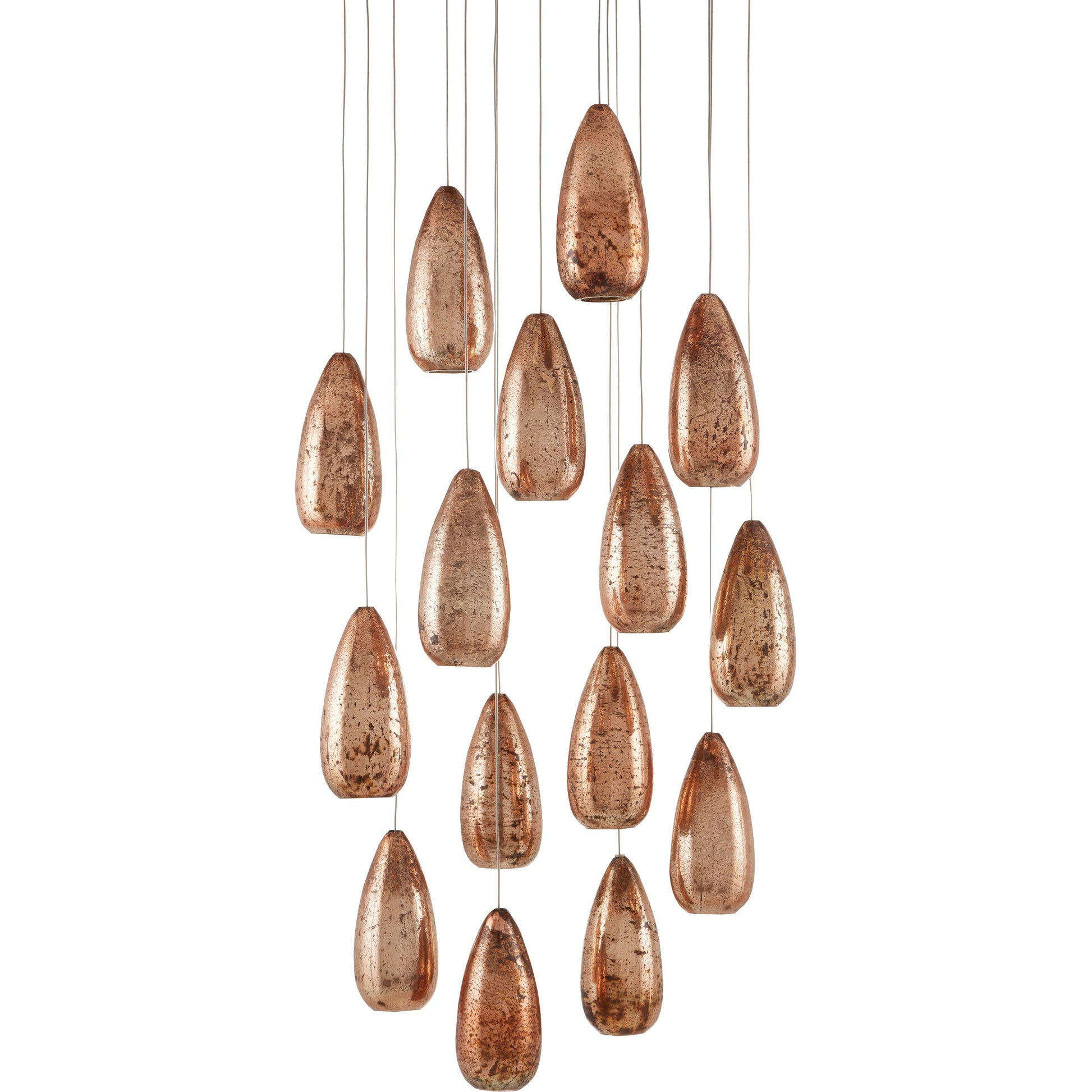 Rame Round 15-LIGHT Multi-Drop Pendant by Currey and Company in copper, silver. Made from antique copper, glass in a transitional style.