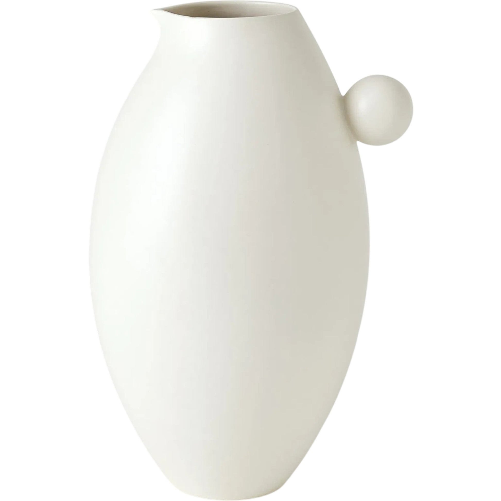 Ball Handled Pitcher by Global Views in white. Made from ceramic in a modern style.