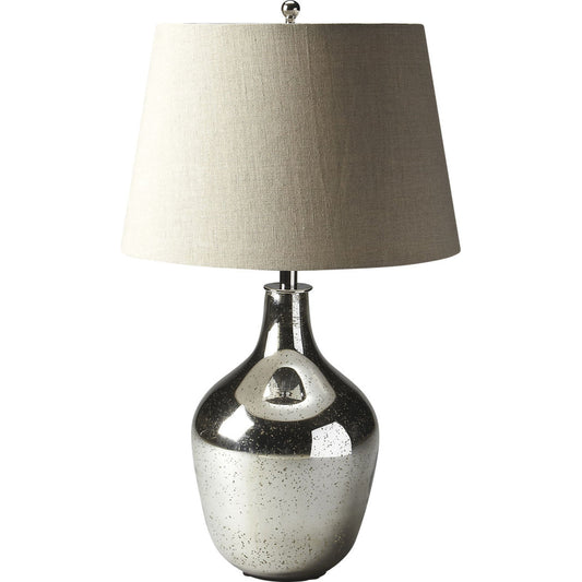 Mercury Table Lamp by Butler Specialty Company in silver and hors d'oeuvres. Made from glass, aluminum, iron harp, shade material: linen in a traditional style.