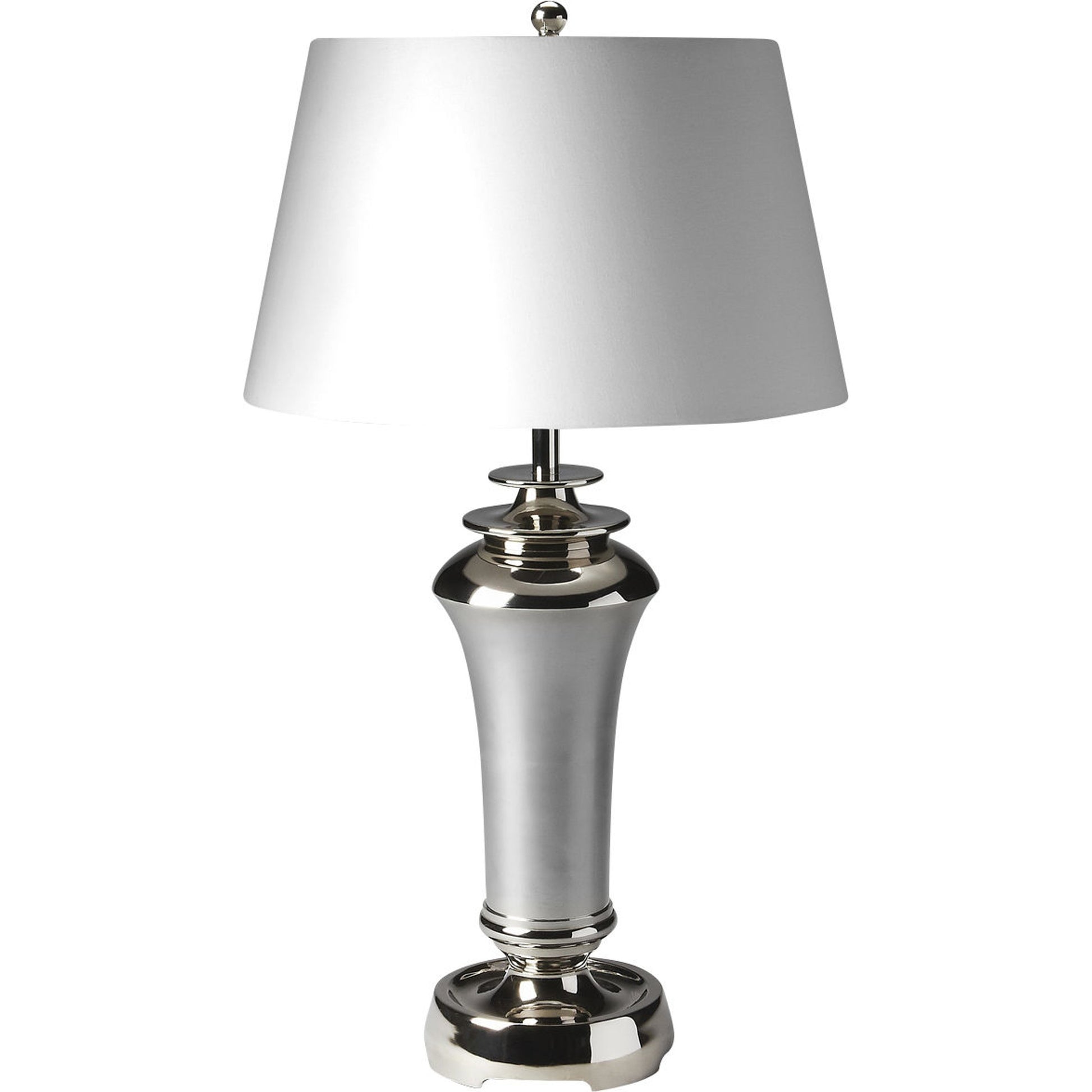 Nickel Finish Table Lamp by Butler Specialty Company in silver and hors d'oeuvres. Made from aluminum, iron harp, shade material: cotton in a modern style.