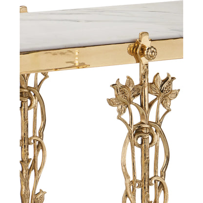 Fiore Console Table by Currey and Company in polished brass, natural. Made from brass, white marble in a modern style.