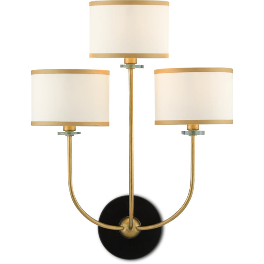 Croydon Wall Sconce by Currey and Company in brass, satin black, white. Made from wrought iron, glass, fabric in a traditional style.