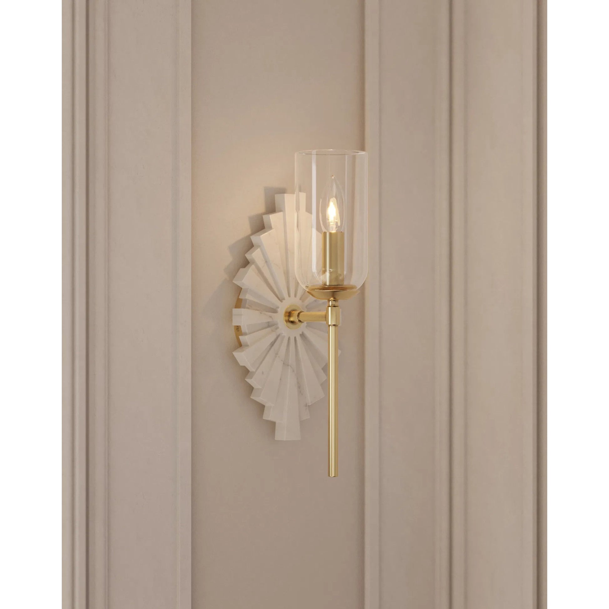 Benthos Wall Sconce by Currey and Company. Made from marble, stainless steel, glass in a modern style.