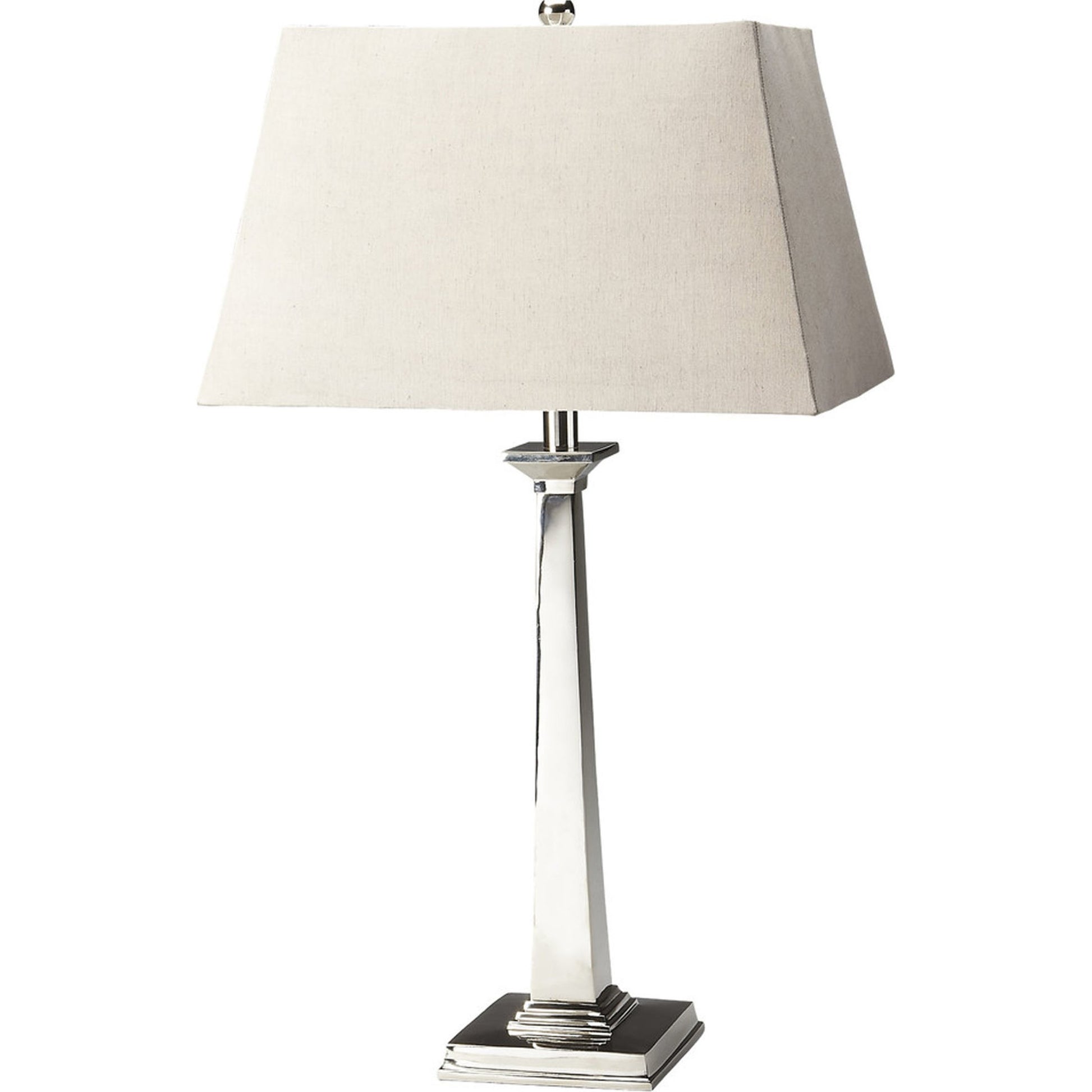Nickel Table Lamp by Butler Specialty Company in silver and hors d'oeuvres. Made from aluminum, iron harp, shade material: linen in a modern style.