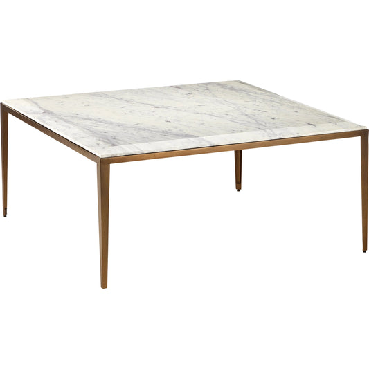 Oblique Marble Cocktail Table by Currey and Company in natural, antique brass. Made from white lilac marble, iron, engineered wood in a unique style.