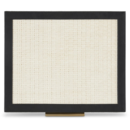 Deanna Box Set by Currey and Company in ivory, black, light antique brass, beige. Made from raffia, leather, brass, microsuede, mdf in a modern style.