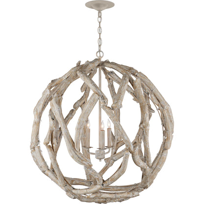 Driftwood Whitewash Orb Chandelier by Currey and Company in whitewashed driftwood. Made from driftwood, wrought iron in a cottage & farmhouse style.