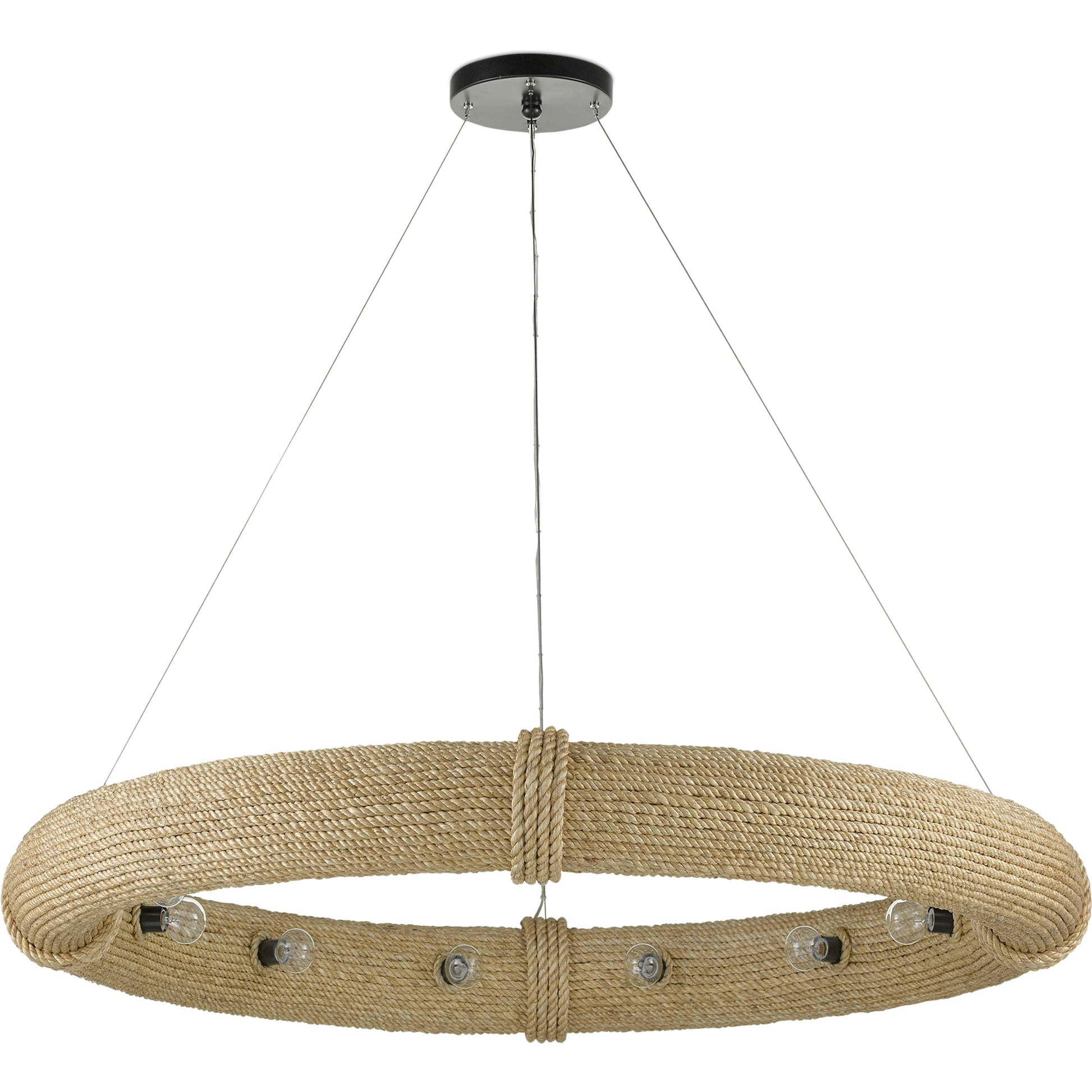 Portmeirion Chandelier by Currey and Company in satin black, abaca rope. Made from wrought iron, abaca rope in a coastal style.