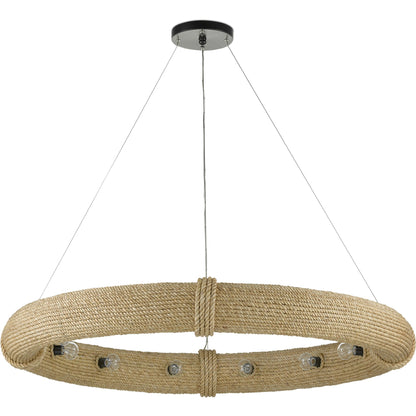 Portmeirion Chandelier by Currey and Company in satin black, abaca rope. Made from wrought iron, abaca rope in a coastal style.