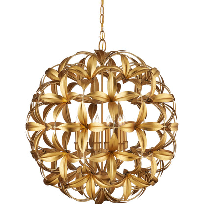 Helenium Orb Chandelier by Currey and Company in contemporary gold leaf, contemporary gold. Made from wrought iron in a modern style.
