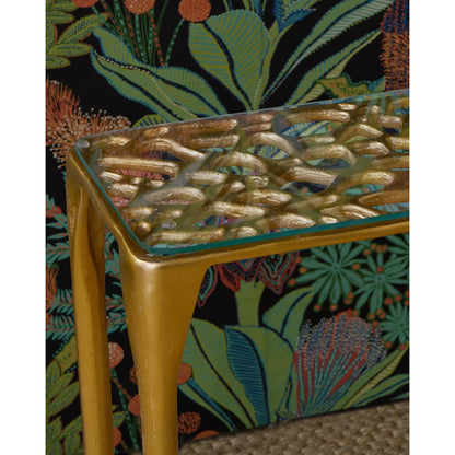 Honeycomb Console Table by Currey and Company in gold, clear. Made from cast aluminum, glass in a modern style.