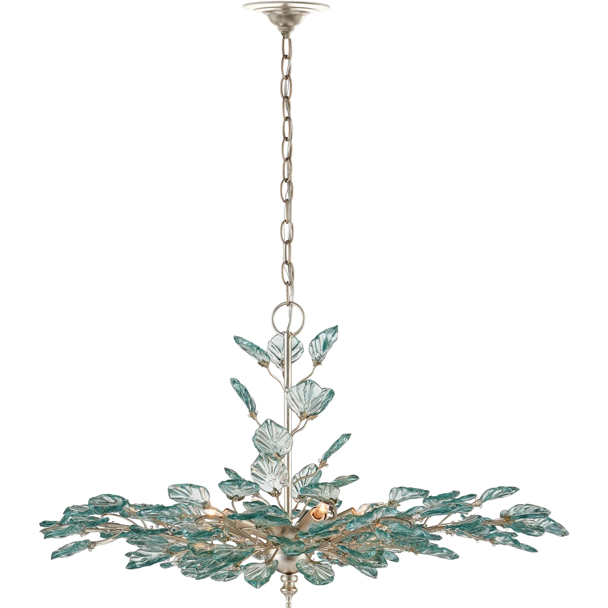 Baobab Chandelier by Currey and Company in clear, contemporary silver leaf. Made from recycled glass, wrought iron in a modern style.