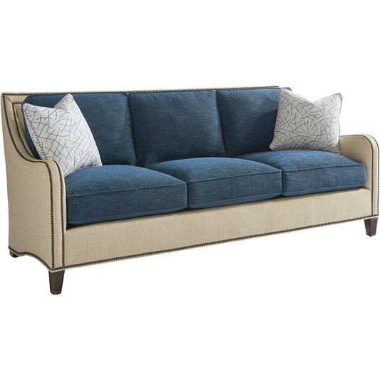 Koko Sofa by Tommy Bahama Home in beige, tan, blue and brown. Made from maple, fabric in a unique style.