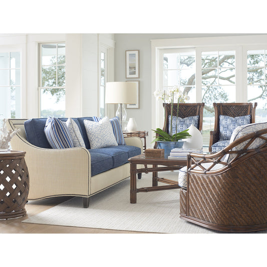 Koko Sofa by Tommy Bahama Home in blue. Made from unique in a transitional style.