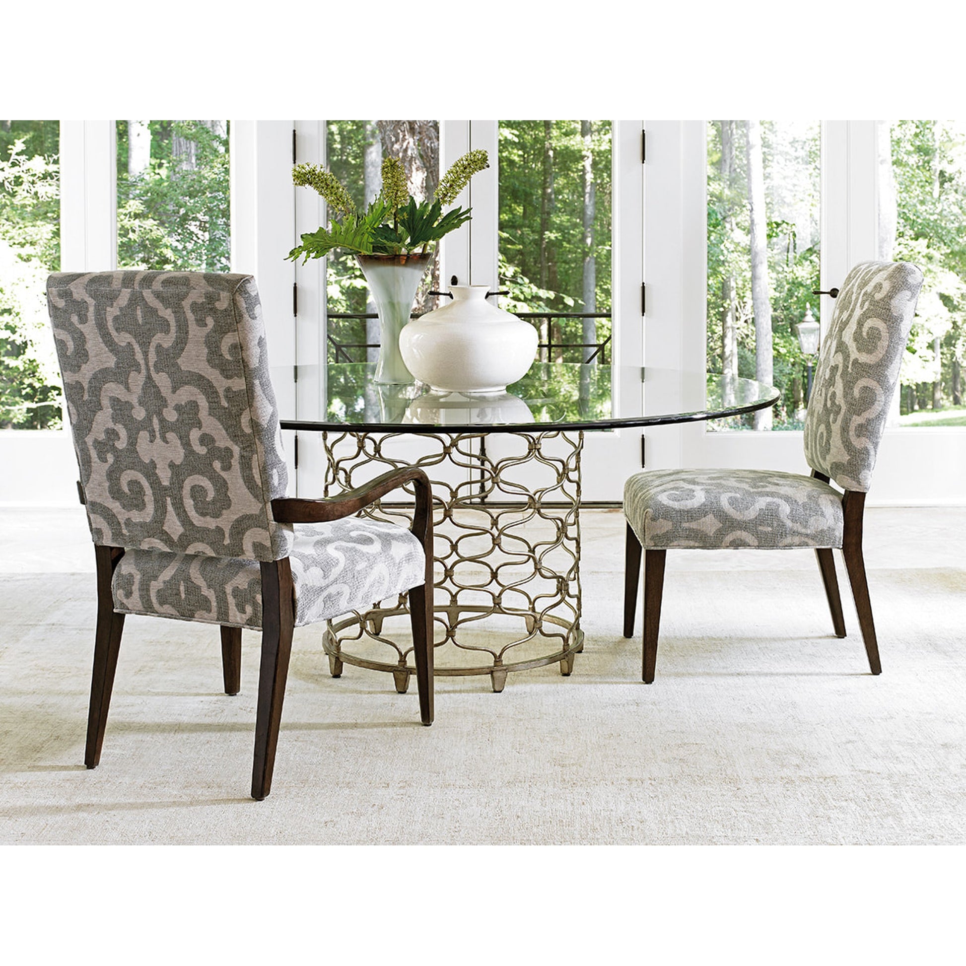 Bollinger Round Dining Table by Lexington in silver leaf. Made from unique in a transitional style.