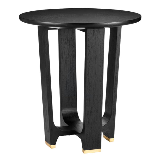 Blake Accent Table by Currey and Company in matte caviar black, polished brass. Made from mindi wood, brass in a modern style.