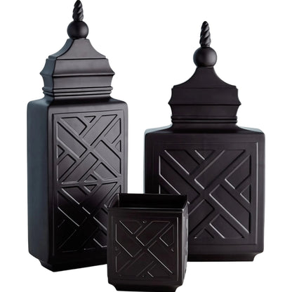 Chinoiserie Jar by Global Views in matte black. Made from unique in a traditional style.