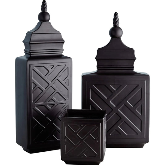 Chinoiserie Jar by Global Views in matte black. Made from unique in a unique style.