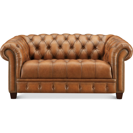 York 2-Seat Leather Sofa by Hydeline in saddle brown. Made from leather/split, solid hardwood kiln dried in a unique style.