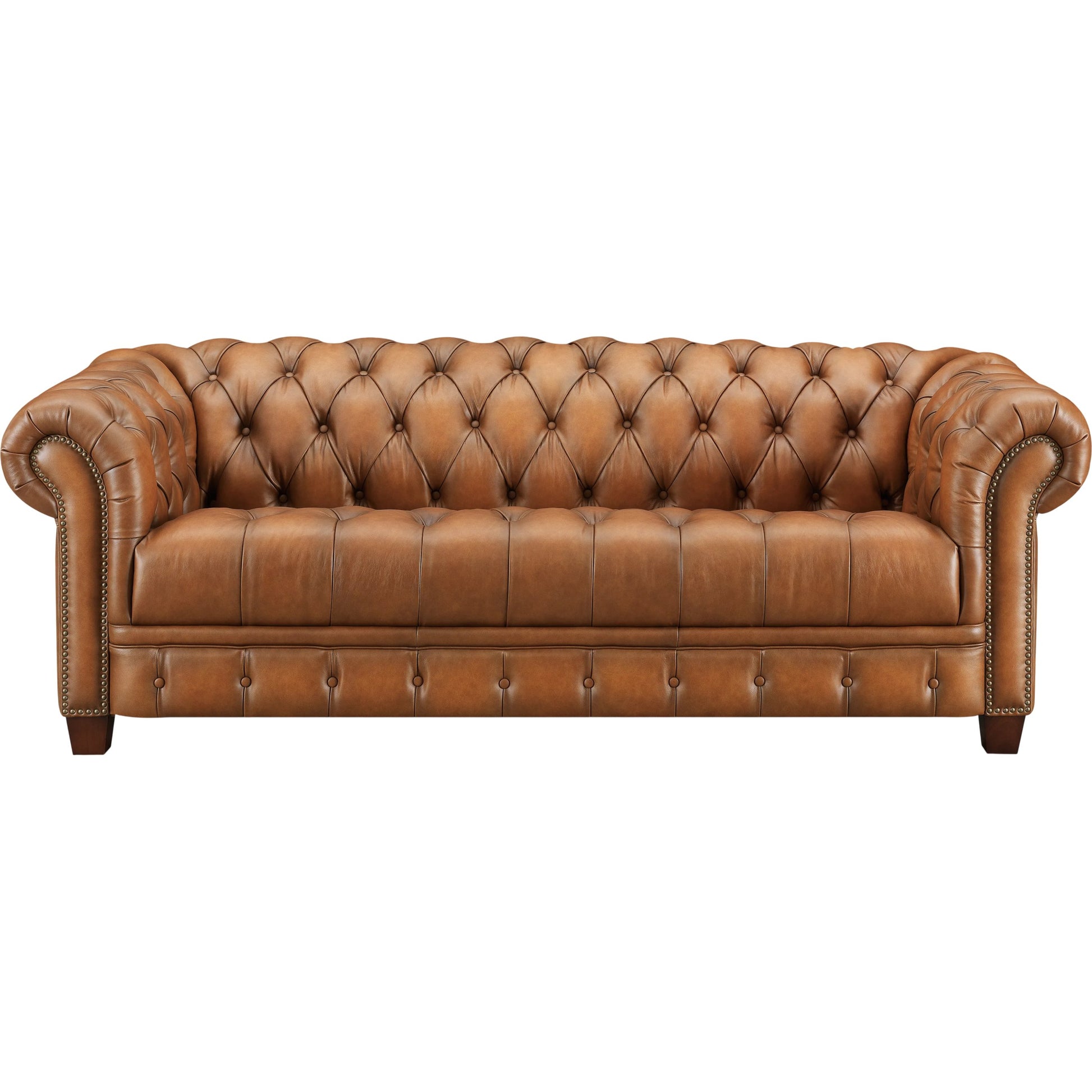 York 3-Seat Leather Sofa by Hydeline in saddle brown. Made from leather/split, solid hardwood kiln dried in a traditional style.