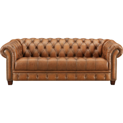 York 3-Seat Leather Sofa by Hydeline in saddle brown. Made from leather/split, solid hardwood kiln dried in a traditional style.