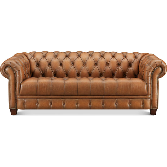 York 3-Seat Leather Sofa by Hydeline in saddle brown. Made from leather/split, solid hardwood kiln dried in a unique style.