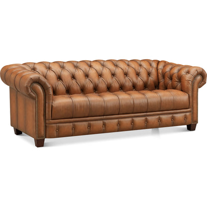 York 3-Seat Leather Sofa by Hydeline in saddle brown. Made from leather/split, solid hardwood kiln dried in a traditional style.