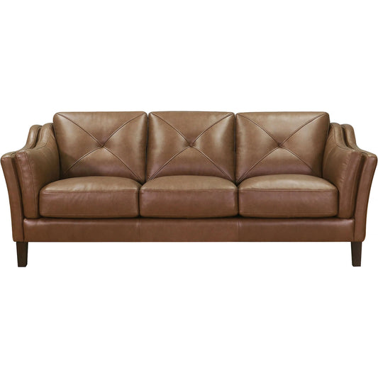 Mavery Leather Sofa by Hydeline in latte. Made from leather/split, solid hardwood kiln dried in a unique style.