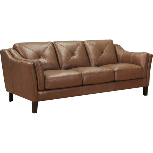 Mavery Leather Sofa by Hydeline in latte. Made from leather/split, solid hardwood kiln dried in a unique style.