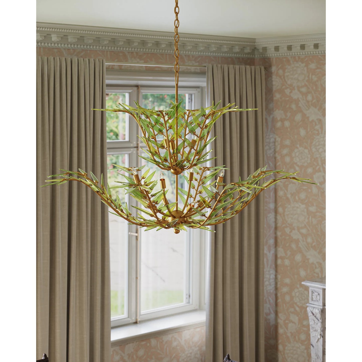 008 SI-2386947 | Lifestyle | Babylon Two-Tier Chandelier by Currey and Company in green, contemporary gold leaf. Made from recycled bottle glass, wrought iron in a modern style.