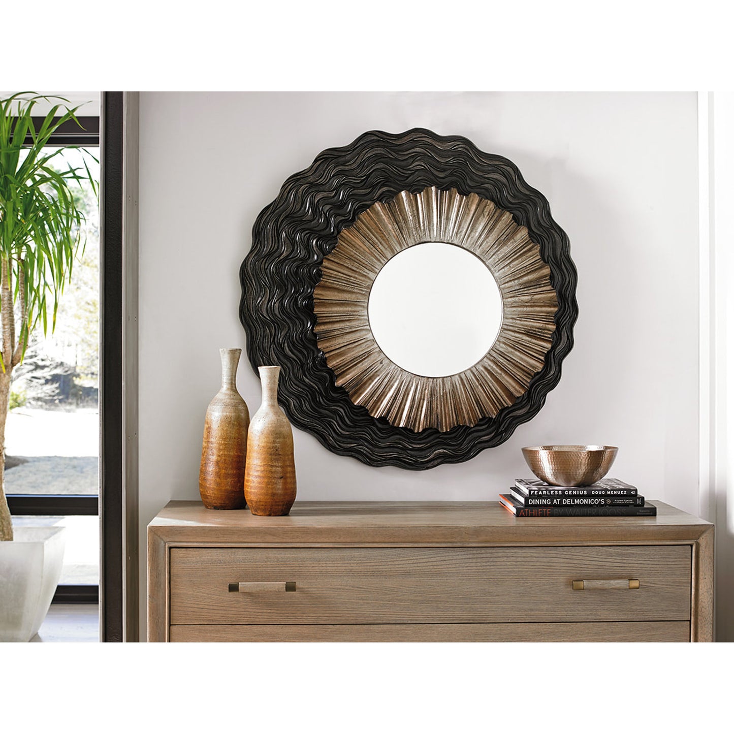 004 SR-835679 | Lifestyle | Simone Mirror by Lexington in dark walnut, burnished silver. Made from unique in a eclectic & global style.