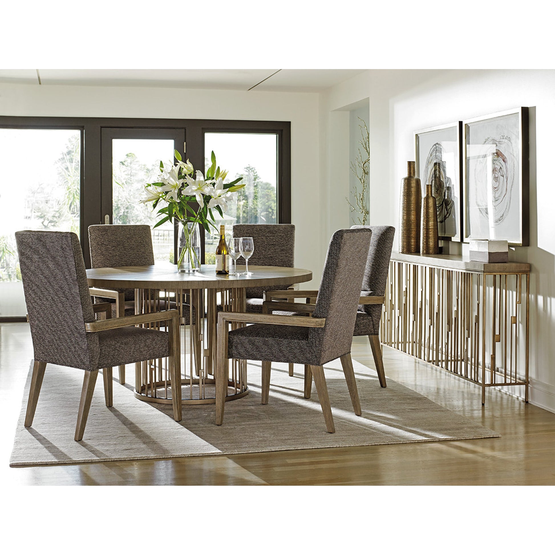 Studio Console by Lexington in burnished silver leaf. Made from unique in a transitional style.