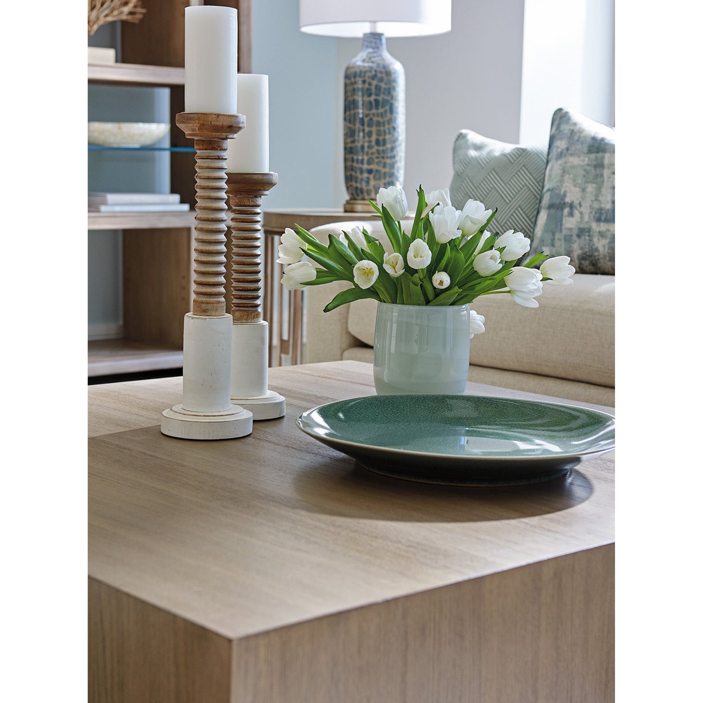 004 SR-835734 | Closeup | Tatum Square Cocktail Table by Lexington. Made from gray elm veneer in a modern style.