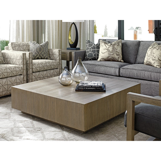 Tatum Square Cocktail Table by Lexington. Made from gray elm veneer in a modern style.