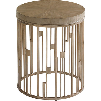 Studio Round Accent Table by Lexington in burnished silver leaf. Made from unique in a transitional style.