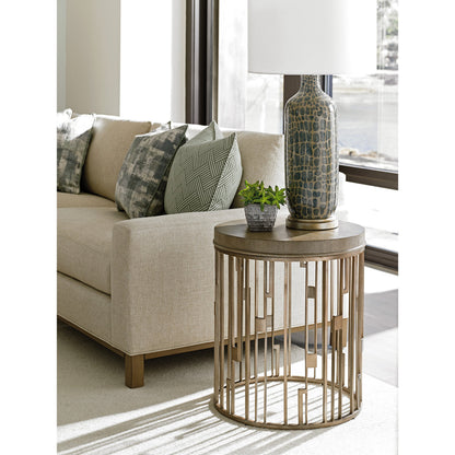 Studio Round Accent Table by Lexington in burnished silver leaf. Made from unique in a transitional style.