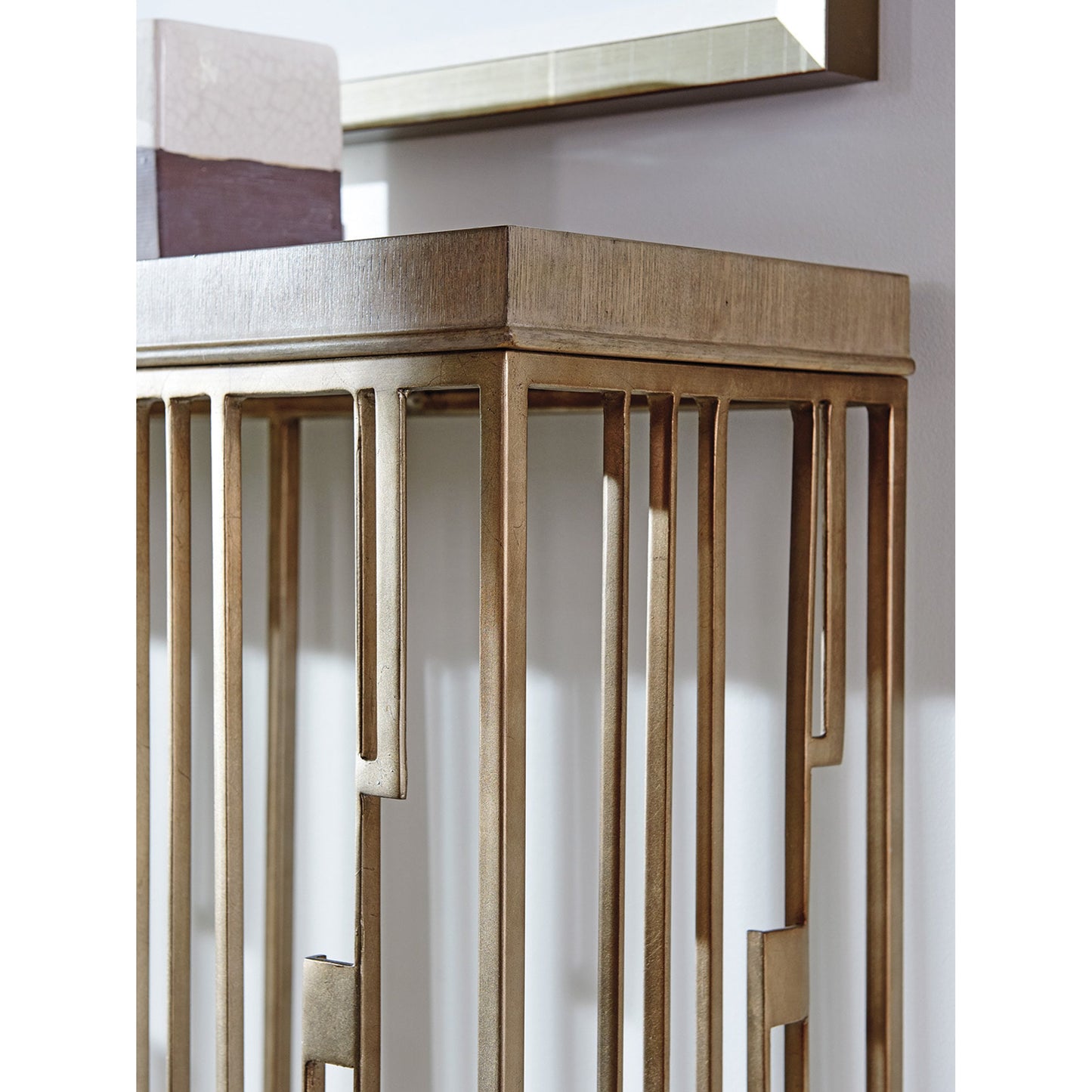 003 SR-835723 | Closeup | Studio Console by Lexington in burnished silver leaf. Made from unique in a transitional style.