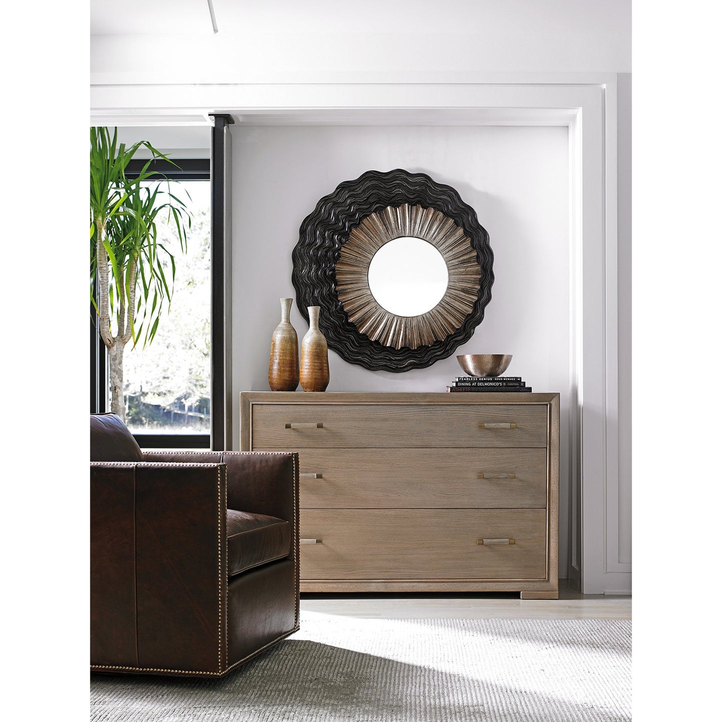 005 SR-835679 | Lifestyle | Simone Mirror by Lexington in dark walnut, burnished silver. Made from unique in a eclectic & global style.