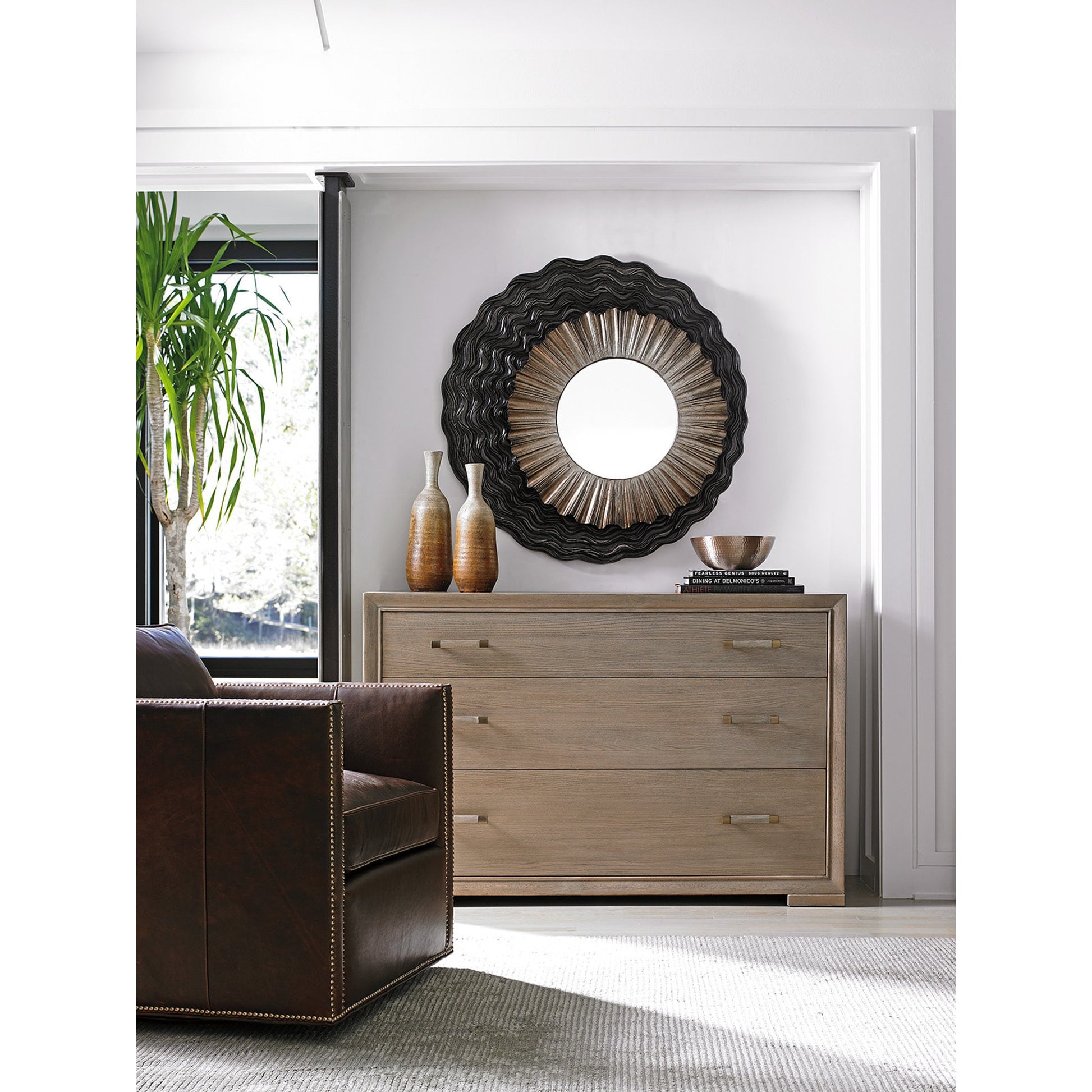 Simone Mirror by Lexington in dark walnut, burnished silver. Made from unique in a eclectic & global style.