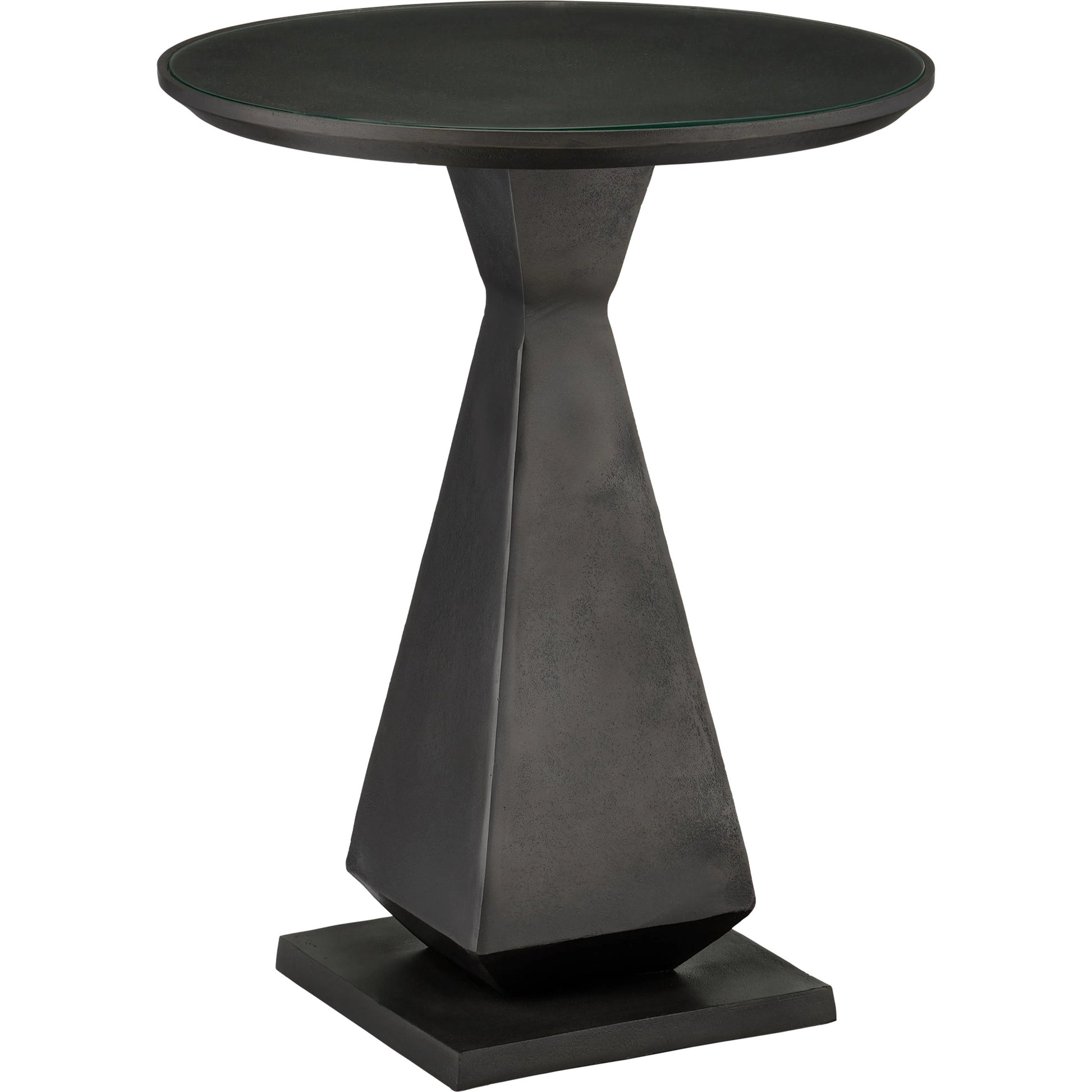Janil Accent Table by Currey and Company in graphite, clear. Made from cast aluminum, glass in a modern style.