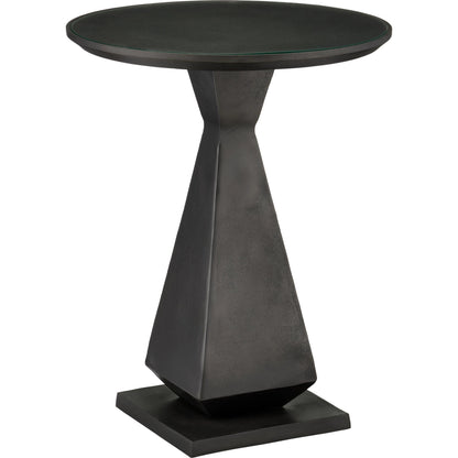 Janil Accent Table by Currey and Company in graphite, clear. Made from cast aluminum, glass in a modern style.