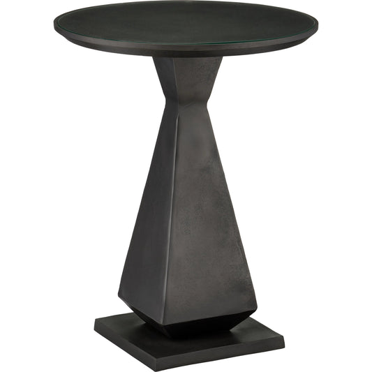 Janil Accent Table by Currey and Company in graphite, clear. Made from cast aluminum, glass in a modern style.