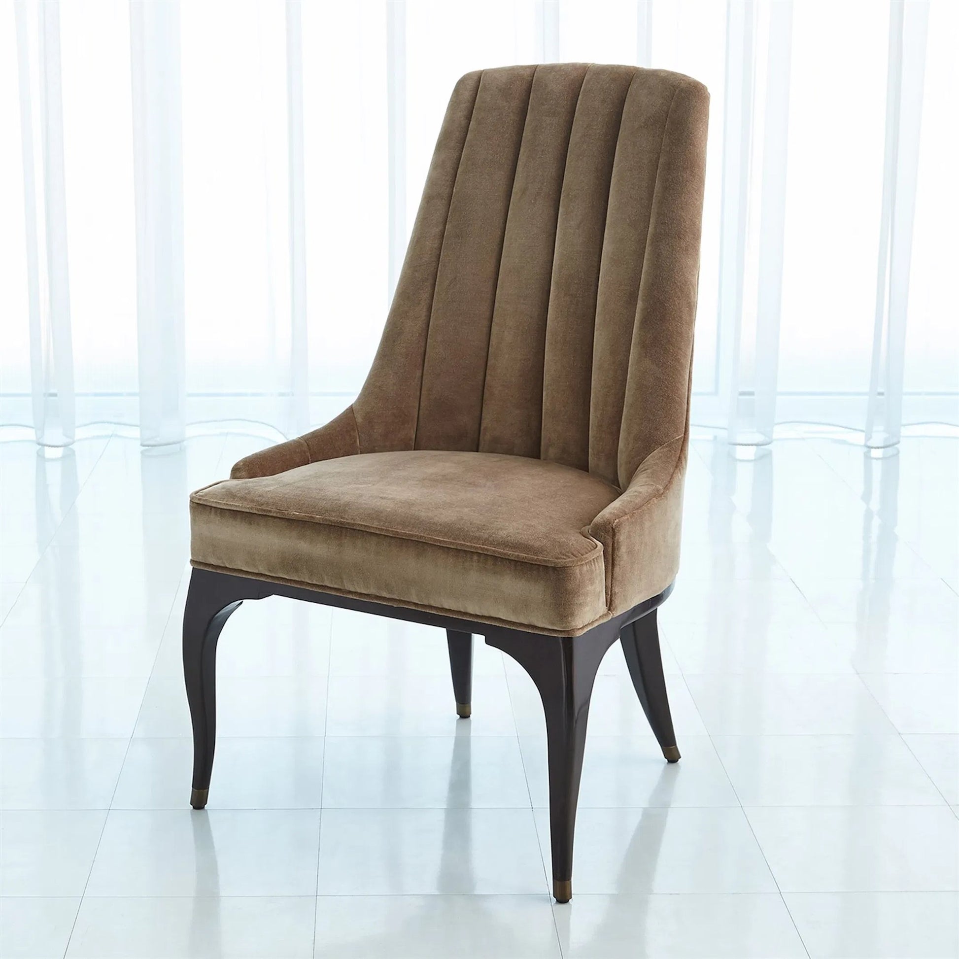 Channel Walnut Tufted Dining Chair by Global Views in walnut, muslin and dark waxed oiled walnut. Made from unique in a traditional style.